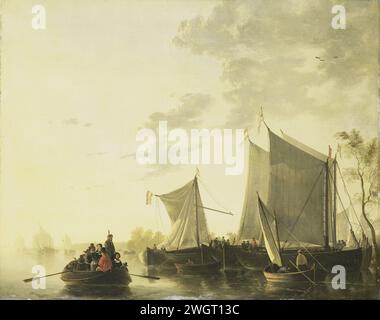 River View, Aelbert Cuyp (copie d'après), 1815 - 1849 peinture River face. Plusieurs grands et petits bateaux sur l'eau, un ferry plein de gens sur la gauche. panneau. peinture à l'huile (peinture) rivière. voilier, voilier. bateau à rames, canoë, etc Banque D'Images