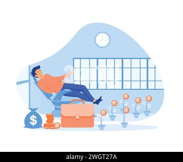 Revenu passif, salaire et concept de profits, un homme se détend en attendant que l'argent entre dans son sac de dollar. illustration moderne vectorielle plate Illustration de Vecteur