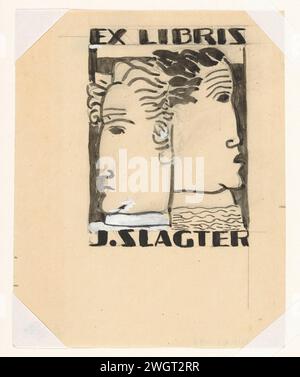 Ex Libris pour J. Slagter (design), Leo Gestel, c. 1935 - c. 1940 dessin de deux têtes et profil, avec l'arrière de la tête au milieu utilisé pour un Januskop. La figure de gauche a un col blanc. papier. encre. gouache (peinture). crayon homme adulte. tête tournée latéralement Banque D'Images