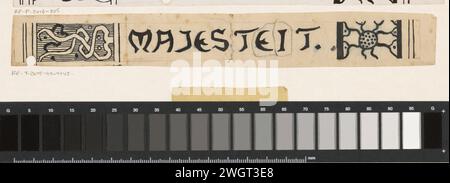 Conception d'un pont de livre pour : Louis Couperus, Majesteit, 1893, Richard Nicolaüs Roland Holst, en ou avant 1893 dessin conception d'un pont de livre avec le titre du livre et de chaque côté un motif stylisé de carottes et une fleur. papier. Encre de Inde (encre). crayon stylo fleurs  ornement. lettres fantaisistes Banque D'Images