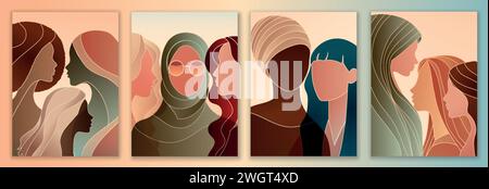 Silhouette de groupe de femmes multiculturelles en gros plan. Journée internationale de la femme. Diversité - inclusion - égalité ou autonomisation.modèle - affiche - couverture Illustration de Vecteur