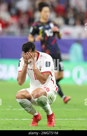 Al Rayyan, Qatar. 6 février 2024. Mousa Altamari, de Jordanie, réagit lors de la demi-finale entre la Jordanie et la Corée du Sud à la Coupe d’Asie de l’AFC Qatar 2023 à Al Rayyan, Qatar, le 6 février 2024. Crédit : Ding Ting/Xinhua/Alamy Live News Banque D'Images