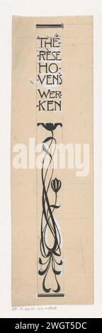 Conception d'un pont de livre pour : Thérèse Hoven, Mariëtte, 1898, Willem Wenckebach, en ou avant 1898 dessin conception avec des fleurs stylisées sous le nom de l'auteur et le titre du livre. Verso un dessin au crayon. papier. Encre de Inde (encre). crayon. Deck peinture stylo / pinceau fleurs  ornement - AA - stylisé Banque D'Images