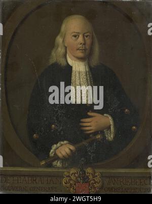 Portrait d'Abraham van Riebeeck, gouverneur général des Indes orientales néerlandaises, anonyme (copie après), 1750 - 1800 peinture Portrait d'Abraham van Riebeeck (1653-1713). Gouverneur général (1709-2013). Debout, en moitié, en ovale, considéré. Commandostaf dans la main droite, la main gauche sur la poitrine. Partie d'une série de copies de portraits des gouverneurs généraux des anciennes Indes orientales néerlandaises, probablement de la United Oost India Company. Copie à SK-A-3771, copie à la peinture SK-A-811 de l'école Noord Nederlandse CA. 1710. Cuivre Batavia (métal). peintures à l'huile (peintures) Banque D'Images