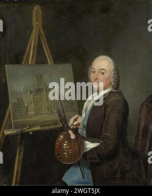 Portrait de Jan Ten Compe, peintre et marchand d'art à Amsterdam, Tibout Regters, 1751 peinture Portrait de Jan Ten Compe (1713-61), peintre et marchand d'art à Amsterdam. Le peintre est assis avec la palette et les pinceaux à la main derrière un tableau avec une représentation de la mairie de Delft. panneau. peinture à l'huile (peinture) personnes historiques. portrait, autoportrait d'artiste. artiste de vitrail. marchand d'art. peintre au travail, dans son atelier Banque D'Images