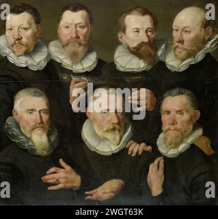 La compagnie du capitaine Pieter Dircksz Hasselaer et du lieutenant Jan Gerritsz Hooft, Amsterdam, Pieter Pietersz. (I) (cercle de), c. 1595 - c. 1605 peinture. Fragmenter l'abri corporel du capitaine Pieter Dircksz Hasselaer et du lieutenant Jan Gerritsz Hooft, du Kloveniersdoelen à Amsterdam. Bustes de sept hommes, un avec un verre et un avec un poisson à la main. panneau. Peinture à l'huile (peinture) guerre ; affaires militaires (+ soldat citoyen, garde civile, milice citoyenne) Kloveniersdoelen Banque D'Images