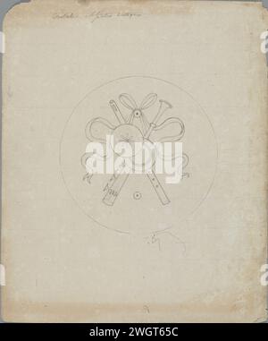 Crotale et flûtes antiquités, dans ou avant 1828 un des 103 dessins de marqueterie à partir de rubans suspendus à des instruments de musique en médaillons ronds, destiné à l'ensemble de chaises réalisées par Van Doren pour la grande salle du palais du Prince d'Orange à Bruxelles en 1828. Journal de Bruxelles. encre. Trophée graphite (minéral), c'est-à-dire : arrangement décoratif d'objets symboliques ou typiques  ornement Palais Royal Banque D'Images