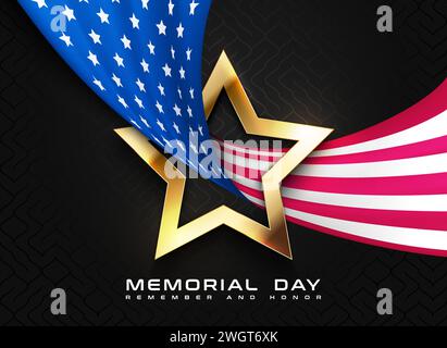 Contexte du Memorial Day. Illustration des fêtes nationales américaines. Carte de voeux Vector USA Memorial Day. Étoile dorée et nous agitant drapeau sur noir Illustration de Vecteur