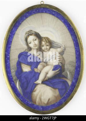 Madonna OP de Maansikkel, Felice Ramelli, 1676 - 1741 miniature (peinture) Madonna sur la lune, avec l'enfant Christ dans les bras. A un original de Carlo Maratti dans la Galleria Capitolina à Rome. Fait partie de la collection miniatures. ivoire. métal. Vierge en verre sur le croissant de la lune (parfois appelée Reine du ciel) (en mandorla) Banque D'Images