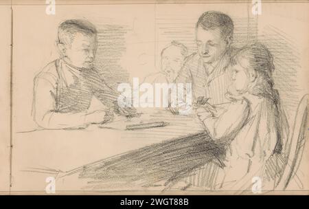 Deux garçons et une fille qui jouent à un jeu à table, 1865 - 1913 Un homme fumeur, probablement le père des enfants, regarde en arrière-plan. Page 29 recto d'un carnet de croquis avec 65 feuilles. papier. chalk boy (enfant entre tout-petit et jeune). fille (enfant entre tout-petit et jeune). pipe  tabac. jeux utilisant des objets spéciaux (marbres, dessus, cerceau, etc.). tableau Banque D'Images