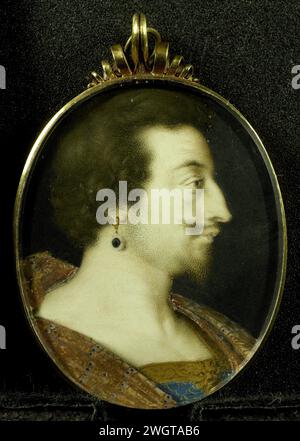 George Villiers (1592-1628), Duke van Buckingham, Peter Oliver, 1612 - 1647 miniature (peinture) Portrait de George Villiers (1592-1628), duc de Buckingham. Buste, de profil à droite, avec boucle d'oreille. Fait partie de la collection de portraits miniatures. carton. or (métal). verre Banque D'Images