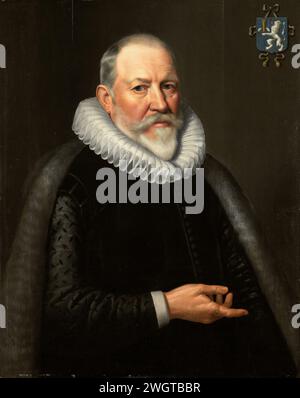 Portrait de Maerten Ruychaver (1545-1626), Michiel Jansz van Mierevelt (copie après), d'après 1653 peinture Portrait de Maerten Ruychaver, maire de Haarlem. Coupé en deux, vers la droite, pointant avec la main droite. En haut à droite l'écusson de la famille. Pendentif de SK-C-521. panneau. Peinture à l'huile (peinture) personnes historiques Haarlem Banque D'Images