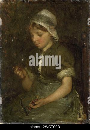 Fille avec des cerises, Bernardus Johannes Blommers, c. 1860 - c. 1914 peinture fille assise avec des cerises dans ses mains. panneau. peinture à l'huile (peinture) adolescente, jeune femme, jeune fille. fruits : cerise Banque D'Images