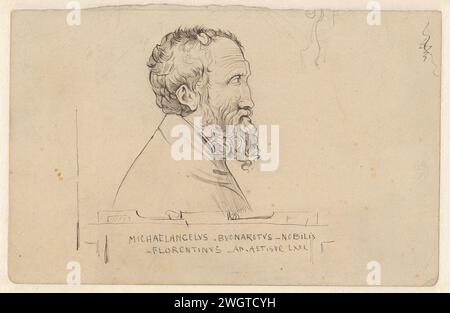 Portrait de Michel-Ange à l'âge de 71 ans, Nicolaas van der Waay, d'après Enea Vico, d'après Giulio Bonasone, 1884 dessin Portret van Michelangelo rencontre Onderschrift Michaelangelus Buonarotus Famous / Florence - Or. AET. Sue 71. Italie papier. encre. crayon portrait, autoportrait d'artiste Banque D'Images