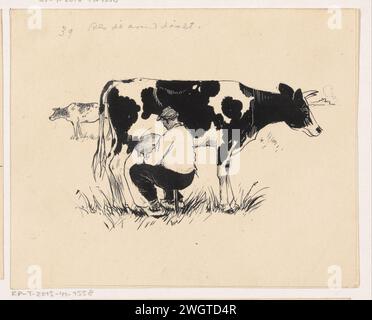 Boer traite une vache, Henri Verstijnen, 1892 - 1940 dessin Un agriculteur est assis sur un tabouret de lait dans un pré et traite une vache. papier. encre. stylos crayons / brosses cultivateurs. traite Banque D'Images