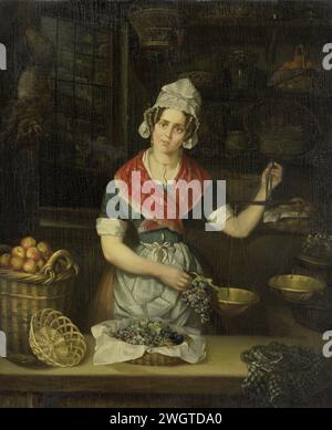 Vendeur de fruits, Henriëtta Christina Temminck, 1840 - 1860 peindre la vendeuse de fruits. Une jeune femme est derrière le comptoir d'un magasin et pèse un bouquet de raisins avec une balance. Sur la gauche un panier avec des pommes, des étagères du magasin avec des paniers, des casseroles et des poêles en arrière-plan. Sur la gauche, près de la fenêtre, se trouve un lièvre mort. panneau. peinture à l'huile (peinture) fruit. comptoir  boutique. balances. Marchand, vendeur - BB - femmes engagées dans le commerce et le commerce Banque D'Images