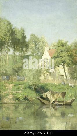 Sur l'Oise, Coen Metzelaar, 1877 peinture sur l'Oise. Vue d'une maison avec un jardin entre arbres sur les rives de l'Oise. Sur le rivage, il y a un bateau sous un abri des tissus. Sur la rive un enfant avec une chèvre. toile. Peinture à l'huile (peinture) rivière (+ paysage avec figures, personnel) Oise Banque D'Images