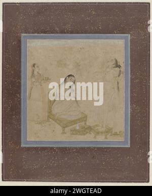 Femmes après le bain, Anonyme, 1700 - 1800 miniature indienne. Dessinant au milieu une femme est assise sur un trône de couleur or et peigne ses cheveux, derrière le trône est un serviteur avec une feuille avec carafe et deux tasses ; sur la droite devant le trône est une troisième femme dans un bol et lave les cheveux. Le spectacle est encadré par un cadre étroit en gris avec des cadres en rouge et jaune et autour d'elle un large bord violet avec des dés d'or et un cadre en gris. Voiles de dames Deccan : brosse à papier / brosse / brosse Banque D'Images