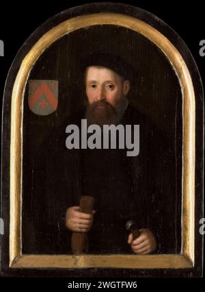 Portrait ou Willem Fransz van Schoterbosch (v. 1510-?), Cornelis Engelsz (attribué à), v. 1620 peinture Portrait de Willem Fransz Overrijn van Schoterbosch (né vers 1978). 1510). Coupé en deux, debout avec des gants dans la main droite, la main gauche sur la poignée de son épée. En haut à gauche l'écusson de la famille. Peut-être une copie de Cornelis Engelsz. À un original inconnu de approx. 1560. FAIT PARTIE D'UN GROUPE DE PORTRAITS : SK-A-4753 / SK-A-4754 / SK-A-4776 / SK-A-4772 / SK-A-4771 / SK-A-4756 / SK-A-4757 / SK-A-4773 / SK-A-4758 / SK-A-4759 / SK-A-4775 ET SK-A-4774. Panel du nord des pays-Bas. peinture à l'huile (peinture) haut Banque D'Images