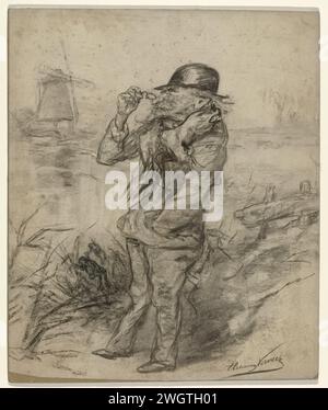 Portrait caricatural du peintre Paul Gabriel, Elchanon Verveer, 1850 - 1899 dessin portrait caricatural du peintre Paul Gabriel ('Paul Joseph Constantin') (1828-1903), à la recherche d'un motif dans un paysage avec moulin et eau. papier. Banque D'Images