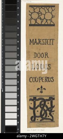 Conception d'un pont de livres pour : Louis Couperus, Majesteit, 1893, Richard Nicolaüs Roland Holst, en ou avant 1893 dessin conception d'un pont de livres. Au-dessus du titre du livre et du nom de l'auteur deux fleurs, sous une fleur de lis et des lignes entrelacées. papier. encre. stylo crayon / pinceau fleurs  ornement. ornement fleur-de-lis . ornement  tracés Banque D'Images