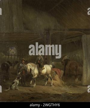 Écurie à chevaux, Joseph Moerenhout, c. 1830 - c. 1840 peinture dans une écurie à chevaux, certains chasseurs se préparent à la chasse, un chien sur la gauche. panneau. Stalle de peinture à l'huile (peinture), stable. Assemblage, 'départ pour la chasse'. Cheval Banque D'Images