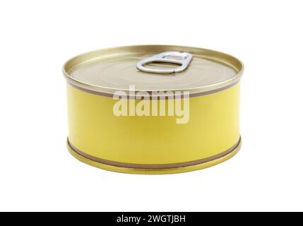 Nouveau metall fermé boîte en étain jaune isolé sur blanc. Banque D'Images