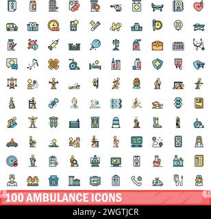 100 icônes ambulance définies. Ensemble de lignes de couleur d'icônes vectorielles d'ambulance couleur de ligne mince plat sur blanc Illustration de Vecteur