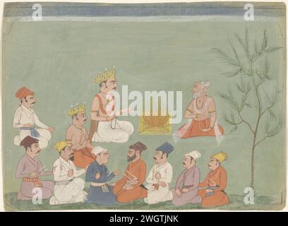Compagnie avec deux princes à un feu de camp, Anonyme, 1670 - 1690 miniature indienne. Dessinant sur un fond vert il y a une compagnie d'hommes autour d'un feu de camp; la première rangée de sept est divisée en trois et quatre qui se regardent, derrière elle sont deux autres hommes qui regardent le centre et les deux princes sont de chaque côté d'un feu de camp carré ; à droite un arbre Iele. Brosse à papier Bilaspur Banque D'Images