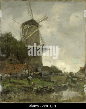 Le moulin à vent, Jacob Maris, c. 1880 - c. 1886 peinture vue sur un moulin debout derrière quelques maisons et arbres à une vitesse. Sur la gauche sur la rive se trouve un homme penché sur une barge plate. toile. moulin à vent de peinture à l'huile (peinture) Banque D'Images