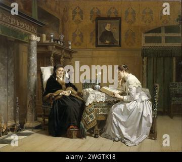 Dimanche matin, Hendrik Jacobus Scholten, 1865 - 1868 peinture dimanche matin. Dans un intérieur du XVIIe siècle, une jeune femme lit une Bible pour une vieille femme assise à gauche devant la cheminée dans une chaise. Sur la cheminée un frison avec putti. Sur le mur une peinture avec portrait masculin. panneau. peinture à l'huile (peinture) salon, salon, salon. mère et fille(s) (groupe familial). lire à quelqu'un. Lire la Bible ou d'autres livres religieux Banque D'Images