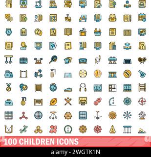 100 icônes enfants définies. Ensemble de lignes de couleur des icônes vectorielles enfants couleur de ligne mince plat sur blanc Illustration de Vecteur