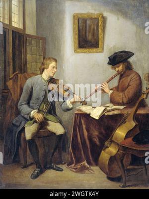 Un violoniste et un flûtiste jouant de la musique ensemble (les musiciens), Julius Henricus Quinkhard, 1755 peignant dans un intérieur, un violoniste et un flûtiste font de la musique. Les deux musiciens sont assis à une table avec des livres de musique différents ; Une Viola da Gamba est appuyée contre une chaise. panneau. peinture à l'huile (peinture) petit groupe de musiciens, orchestre de chambre, orchestre de jazz. une personne jouant d'un instrument à cordes (arqué). une personne jouant d'un instrument à vent Banque D'Images