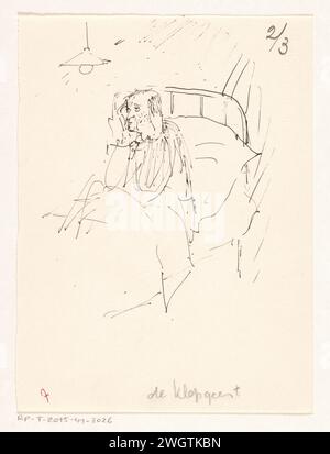 Homme assis dans le lit, anonyme, c. 1930 - c. 1970 dessin un homme plus âgé s'assoit dans le lit dans son pyjama et tient ses mains contre ses oreilles. papier. Encre de Inde (encre) lit de stylo. figure assise (+ vieil homme (être humain)). Main(s) vers l'oreille(s) - AA - les deux bras ou les mains Banque D'Images