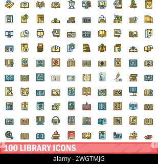 100 icônes de bibliothèque définies. Ensemble de lignes de couleur d'icônes vectorielles de bibliothèque couleur de lignes fines plat sur blanc Illustration de Vecteur