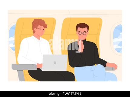 Passagers voyageant avec avion. Guy utilisant un ordinateur portable pendant l'illustration vectorielle de dessin animé de vol Illustration de Vecteur