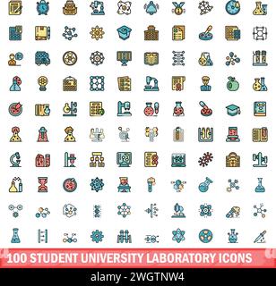 jeu d'icônes de laboratoire universitaire de 100 étudiants. Ensemble de lignes de couleur des icônes vectorielles de laboratoire universitaire étudiant couleur de ligne mince plat sur blanc Illustration de Vecteur