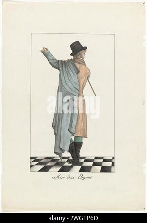 Putting an Elegant (journal féminin et mode, costume parisien, 15 janvier 1800, année 8), anonyme, 1800 Un homme met son pardessus avec trois cols d'épaule (Carrick) sur une veste et un pantalon. Accessoires : chapeau haut de gamme avec bord droit et petit cuit sur le dos, petit bâton de marche, bottes avec nez pointu. Positionneur pour n° d'impression. 187 (RP-P-2009-1391) dans Journal des Dames et des modes, costume Parisien, 15 janvier 1800, an 8 paper. crayon. assiettes à motif à l'aquarelle (peinture). vêtements, costume (+ vêtements pour hommes). manteau : pardessus (+ vêtements pour hommes). Manteau (CARRICK) (+ vêtements pour hommes). pelage : Banque D'Images