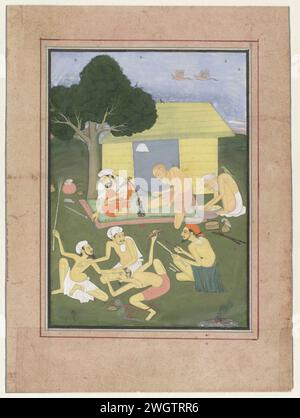 Fighting Derwishen, Anonyme, c. 1800 miniature indienne. Dessin dans un paysage vert plat avec un ciel gris-bleu au-dessus où les grues volent, quatre derwish sont engagés dans une escarmouche; derrière eux une cabane en bambou avec trois hommes devant, dont deux prennent une tige de bambou vert et pour laquelle il y a une sorte de tuyau d'eau tandis que le troisième homme, plus âgé, se frotte les mains dans un bol. La performance est encadrée par des lignes grises et rouges et collée sur du papier rose. Bundi brosse à papier / brosse combat Banque D'Images