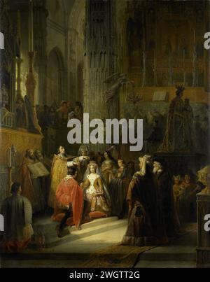 Le mariage de Jacoba de Bavière, comtesse de Hollande, et de Jan IV, duc de Brabant, le 10 mars 1418, Jacob Joseph Eeckhout, 1839 peignant le mariage de Jacoba van Beieren, comtesse de Hollande, et Jan IV, duc van Brabant, fermé le 10 mars 1418 dans la Hofkapel à la Haye. Intérieur de l'église dans lequel le couple, agenouillé à l'autel, est béni par le prêtre. Les participants rassemblés regardent, sur la gauche la lumière coule à travers la fenêtre de l'église à l'intérieur. toile. Peinture à l'huile (peinture) bénissant la chapelle du couple marié Banque D'Images