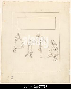 Femme plus âgée reçoit un garçon, anonyme, c. 1880 - c. 1910 dessin d'Un garçon marche avec de vastes bras à une femme plus âgée, peut-être sa grand-mère. Une fille regarde au premier plan. En arrière-plan se trouve une femme à côté d'un chien et d'une oie. papier. encre. crayon grand-parent(s) avec petit-enfant(s) (groupe familial) Banque D'Images