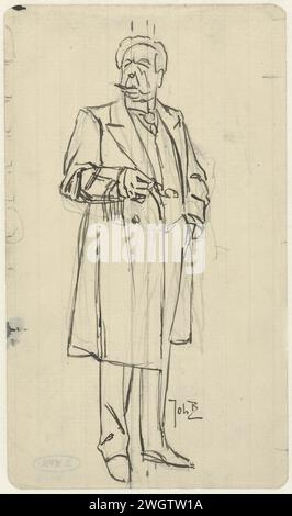 Homme debout avec un cigare dans la bouche, Johan Braakensiek, 1868 - 1940 dessin homme debout avec un cigare dans la bouche et un Loirgnet à la main. Peut-être une conception pour une impression. papier. encre. crayon Banque D'Images