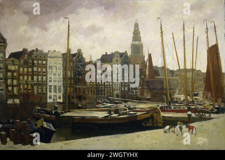 Le Damrak, Amsterdam, George Hendrik Breitner, 1903 peinture vue du côté est du Damrak à Amsterdam. Toutes sortes de navires sont à terre. Au-dessus des maisons de la Warmoesstraat la tour de l'Oude Kerk. peinture à l'huile (peinture). Quai de toile (+ ville(-scape) avec figures, personnel) Damrak. Vieille église Banque D'Images