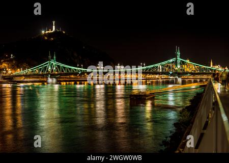 Pont de la liberté et colline de Gellert la nuit, Budapest Banque D'Images