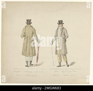 Journal des dames et de la mode, costume parisien, 1803-1804, Redingotte à la Charlemagne ..., Anonyme, 1803 - 1804 dessin à gauche d'un homme au dos, dans une veste appelée 'Redingotte à la Charlemagne'. Slobkousen van Laeken, chapeau haut et parapluie dans la main droite. Dessin au costume imprimé Parisien (607) (AN 13). A droite un jeune homme en 'costume Négligee'. Dessin à l'impression costume parisien () an 12. papier. encre. aquarelle (peinture) stylos / pinceaux plaques de mode. Manteau (REDINGOTE) (+ vêtements pour hommes). manteau : pardessus (+ vêtements pour hommes). bâton de marche, bâton, canne (+ vêtements pour hommes). Banque D'Images