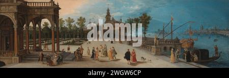 Soirée dansante dans le parvis d'un palais imaginaire avec un Capriccio vue de Venise au loin, anonyme, vers 1615 peinture. couvercle virginal. instrument de musique. instrument à cordes. instrument à clavier. Entreprise élégante virginale sur une terrasse d'un terrain de plaisance. Au milieu, trois paires dansent sur la musique d'un groupe de musiciens. Sur la droite l'arrivée de quelques personnes dans une gondole. Tout dans un environnement de venise. Probablement le couvercle d'un virginal. Panneau Anvers. peinture à l'huile (peinture) jardin. visiter ; recevoir des invités ; compagnie élégante. Musicien - CC - hors des portes. paysages dans la temp Banque D'Images