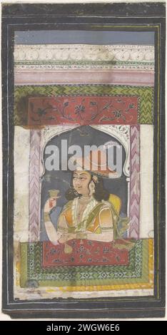 Fille avec un chapeau rouge, anonyme, 1830 - 1850 miniature indienne. Dessiner Une jeune femme avec un verre est assis dans la main droite soulevée dans une étoile audible ; dans la main gauche reposant sur le tapis elle tient une bouteille ; sur, ou plutôt en diagonale et à moitié près de sa tête un élégant chapeau rouge plumeux; la surface supérieure de la performance se compose de quelques travaux horizontaux colorés. Autour du spectacle une bordure noire étroite avec des lignes de cadre jaunes, autour d'elle une bordure bleu foncé plus large avec des lignes de cadre blanches et au-dessus et au-dessous d'un cadre rouge ; les bords verticaux sont plus étroits que l'horizontale. Brosse à papier Inde Banque D'Images