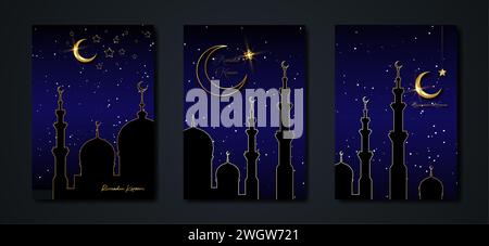 Ramadan Kareem 2024 vecteur set carte noire. Demi-lune d'or sur fond étoilé bleu. Affiche de vacances dorée avec texte, symbole islamique. Concept musulman Illustration de Vecteur