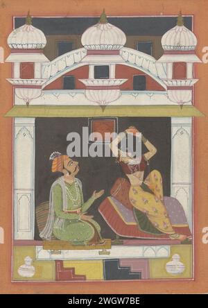 Dervarata ragini, anonyme, v. 1690 miniature indienne. Dessinant sur le fond noir d'un espace dans un palais, un jeune homme s'agenouille pour une dame sur un tabouret, elle est assise dos à lui, ses bras au-dessus de sa tête levés vers l'homme; en haut du spectacle trois dômes de turban et un miroir de celui-ci sur le bord blanc du toit, au bas de la performance un motif géométrique avec deux carafes dans les coins. Autour du spectacle une bordure en orange -rouge garnie d'un passepoil blanc en lignes de cadre rouges, la partie toit court dans le bord. Brosse à papier Sirohi (éventuellement) Banque D'Images