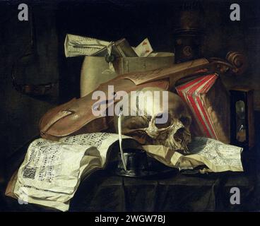 Vanitas Still Life, N.L. Pishier, 1660 peinture Vanitas Still Life. Sur une table se trouvent un violon, un crâne, un livre de chansons, un jeu d'encres, une lettre froissée avec sceau, des livres, un sablier et un sac avec des documents. Une lampe à huile fumante sur le mur. toile. Durée de vie morte de peinture à l'huile des objets associés. (Personnifications de) 'Vanitas', la vanité de la vie humaine ; fragilité Humana, fugace de tailles et de gloire mondiale, méditation de la mort, travail vain, plaisir vain, gloire vaine, vanita (Ripa) Banque D'Images